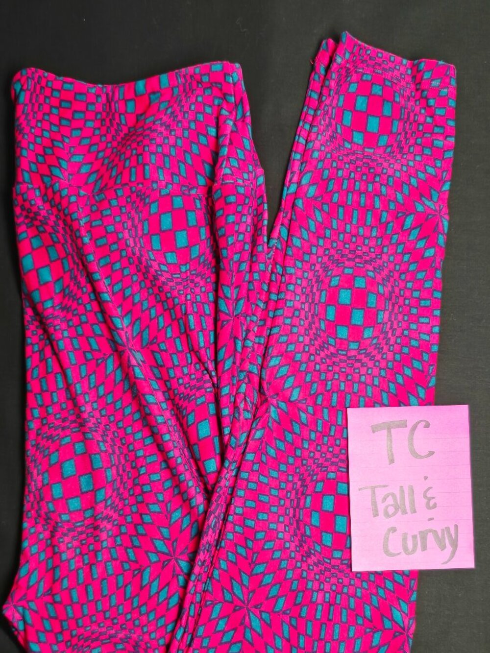 LueLaRoe Leggings, Tall and Curvy, Fuchsia and teal geometric pattern.